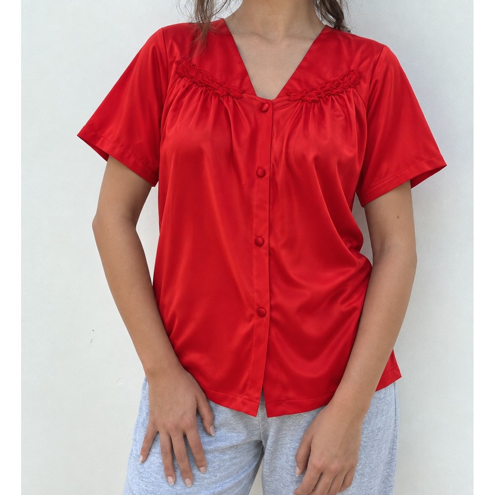 Vanity Fair Sleep Top Womens Medium Red Excellent Vintage Lace Button Bed Jacket